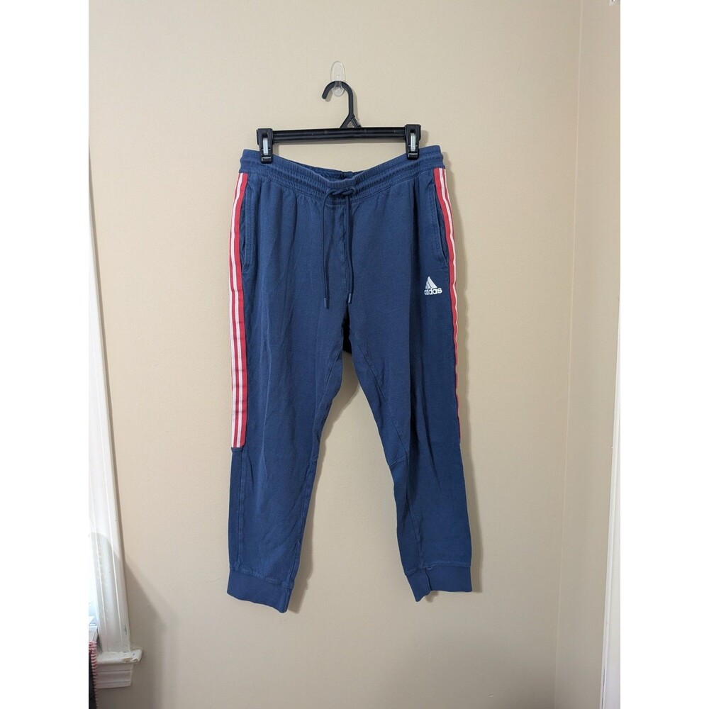 Adidas Jogger Pants Men’s L Blue Cotton Red Stripes Pockets YGI G3-136